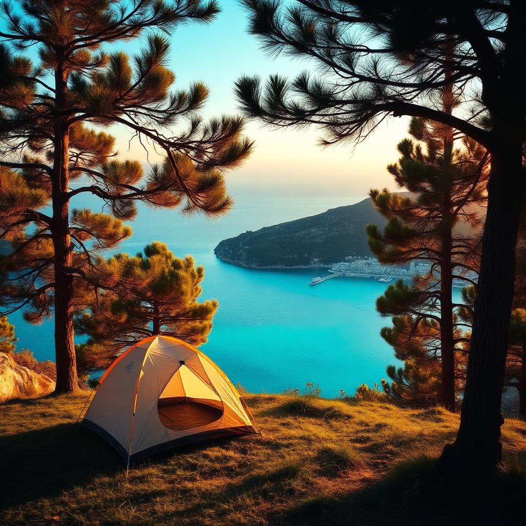 A small tent on a clearing overlooking a turquoise Greek bay, framed by pine trees in golden hour light