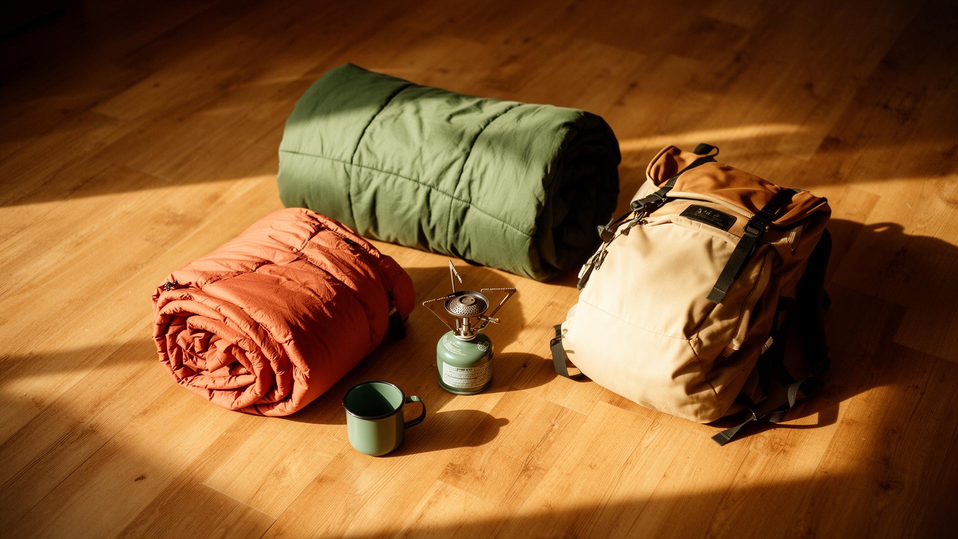 Flat-lay of camping gear — tent, sleeping bag, stove and backpack — in warm light